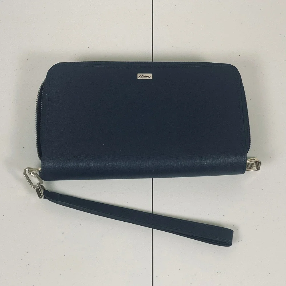 Brioni Blue‎ Saffiano Leather Double Zip Wallet Wristlet Italy Luxury Organizer